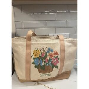 Vintage Nantucket Canvas Tote Bag‎ Flowers Cream Tan Open Boston Hand Print Used